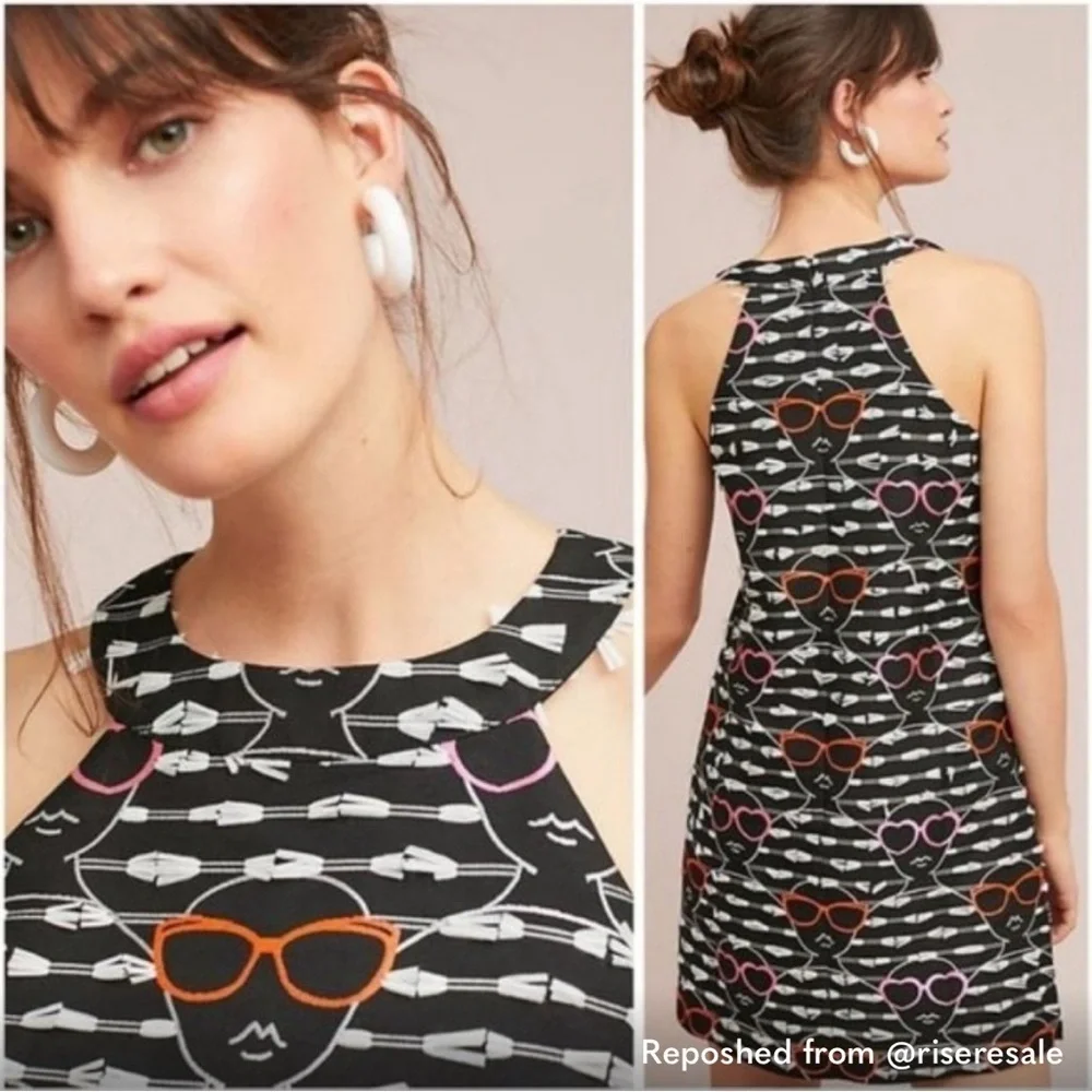 Hutch Anthropologie Pink/Black Sleeveless Halter Dress Novelty Sunglasses Print